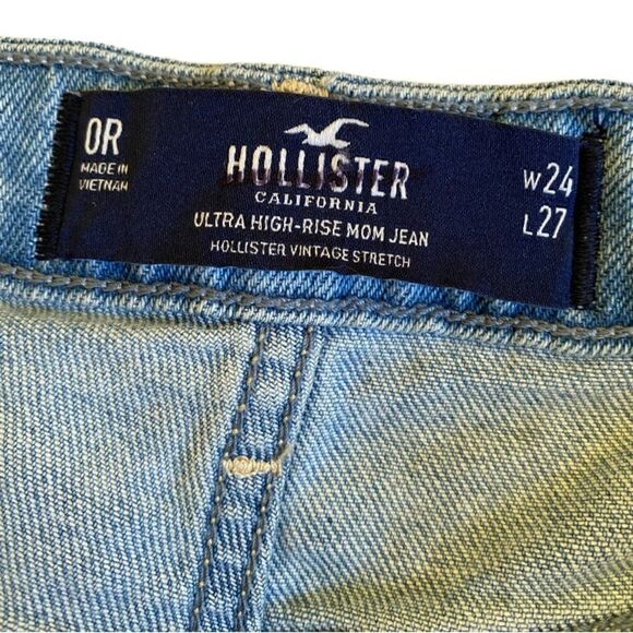 NWT Hollister Ultra High Rise Mom Jeans Women's Size 24 Unhemmed Blue Artsy Cat - Picture 14 of 16
